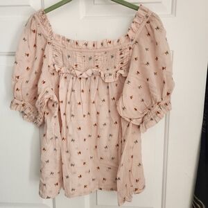 Doen Francis Pink Puff Sleeve Ruffled Blouse